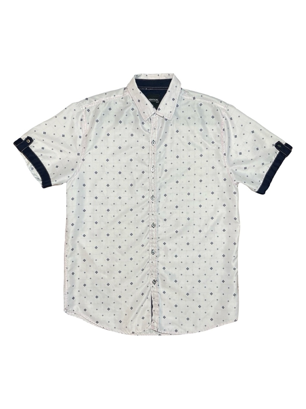 Vertical Sport Pattern Button Up Shirt White Navy Large